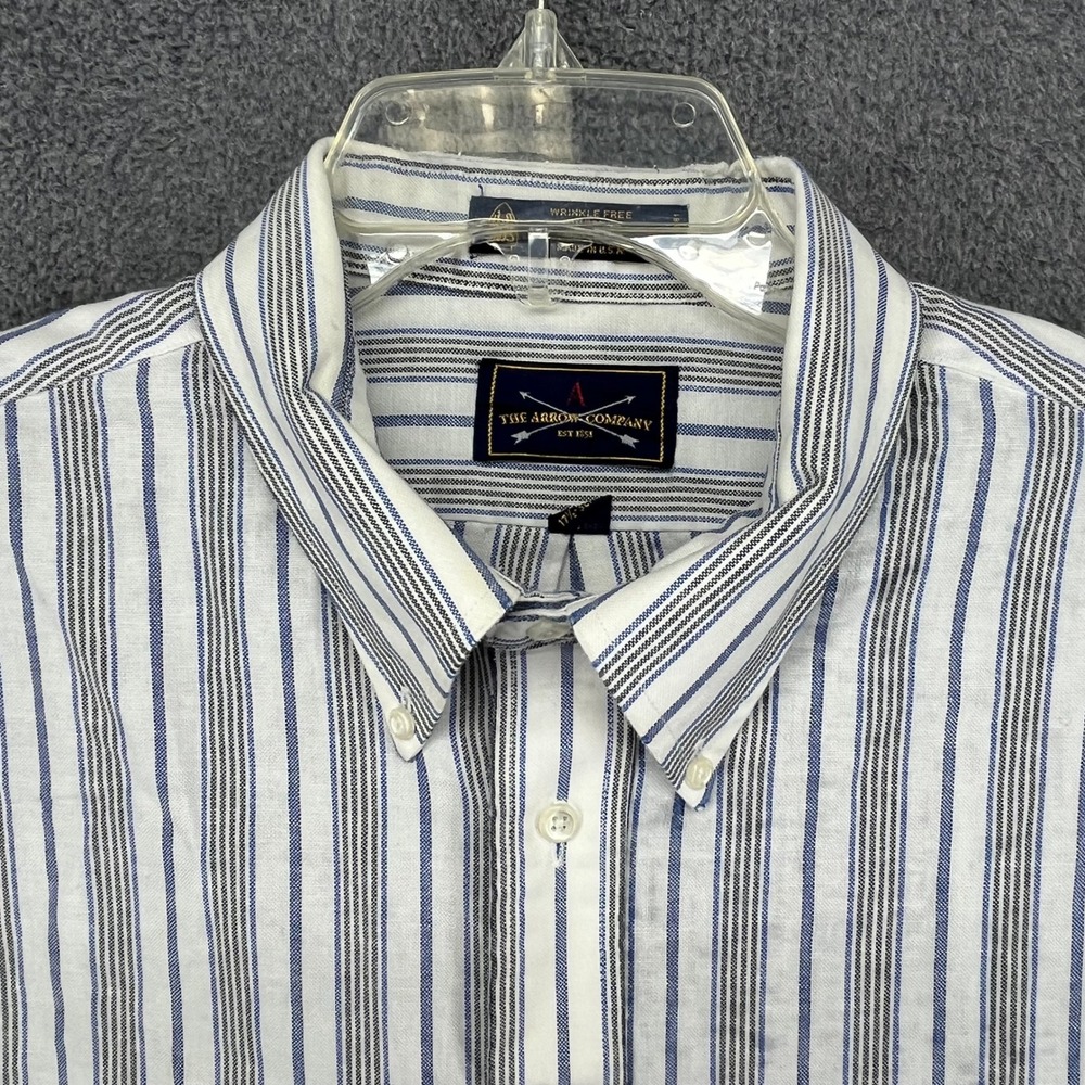 The Arrow Company Button Down Mens 17.5 32/33 White Blue Striped Oxford Shirt - Picture 3 of 15